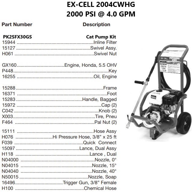 EX-CELL 2004CWHG power washer repair parts